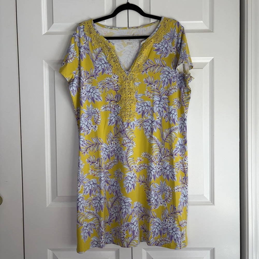 Caribbean Joe Mini Tropical Lightweight T-shirt V-neck Dress Yellow Purple Sz XL